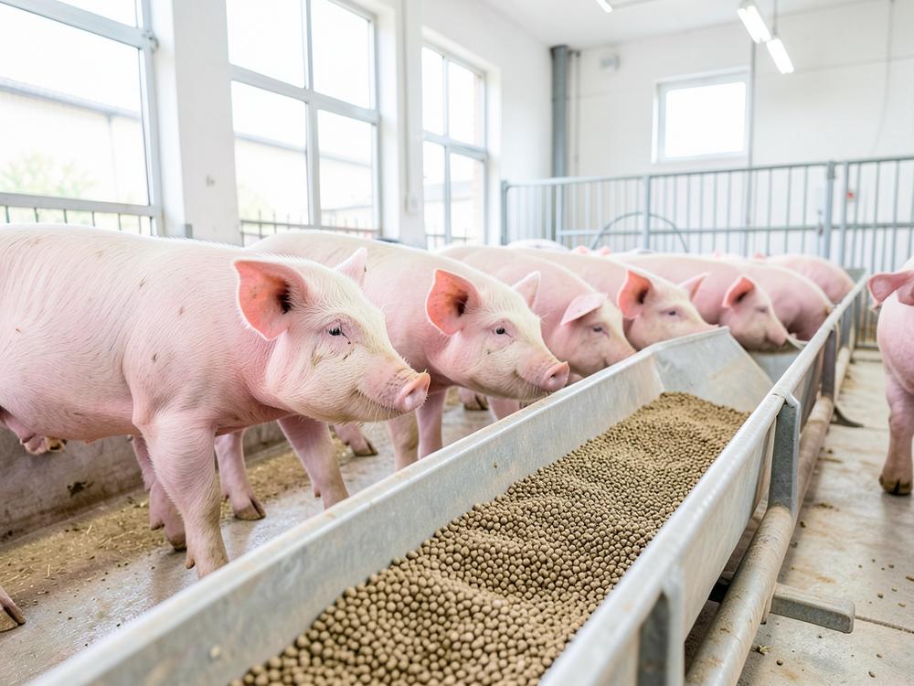 Heo thịt khỏe mạnh ăn thức ăn hỗn hợp PigMax trong chuồng sạch