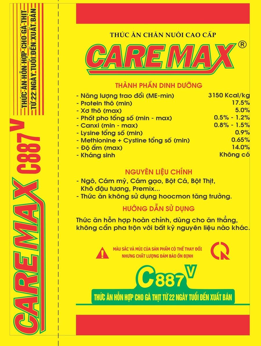 Maket bao bì CareMax C887 V — Thức an hỗn hợp cho gà lông màu từ 22 ngày tuổi đến xuất bán