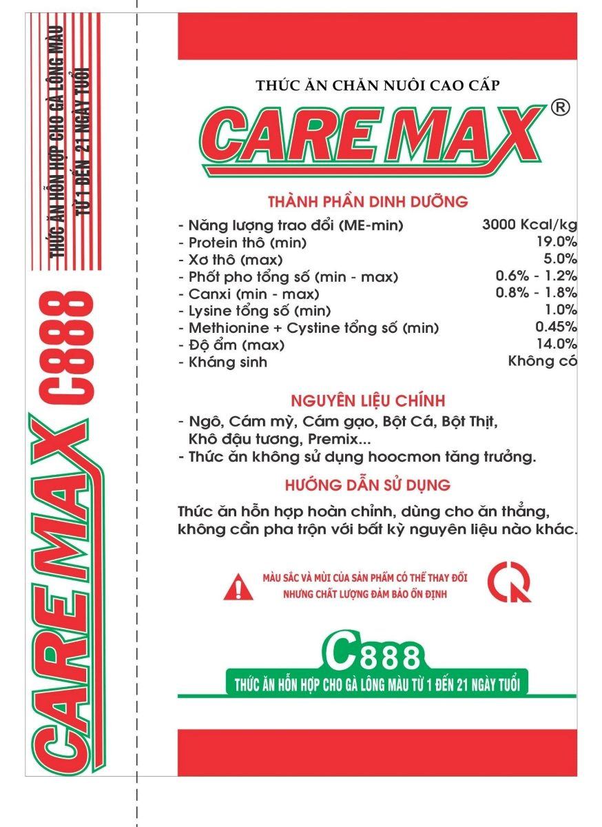 Maket bao bì CareMax C888 — Thức ăn hỗn hợp cho gà lông màu Từ 1 đến 21 ngày tuổi