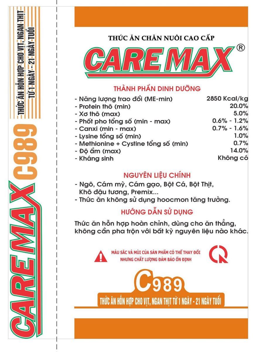 Maket bao bì CareMax C989 — Thức ăn hỗn hợp cho vịt, ngan thịt từ 1 ngày đến 21 ngày tuổi