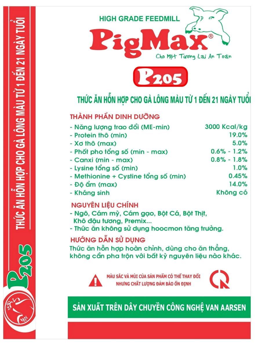 Maket bao bì PigMax P205 — Thức ăn hỗn hợp cho gà lông màu Từ 1 đến 21 ngày tuổi